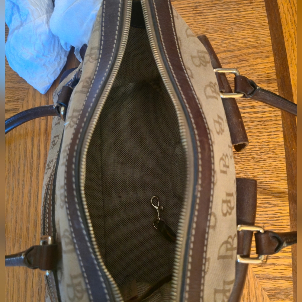 Dooney & Bourke Double Pocket w/ Locks Leather / Signature Canvas Satchel Purse - Picture 6 of 10